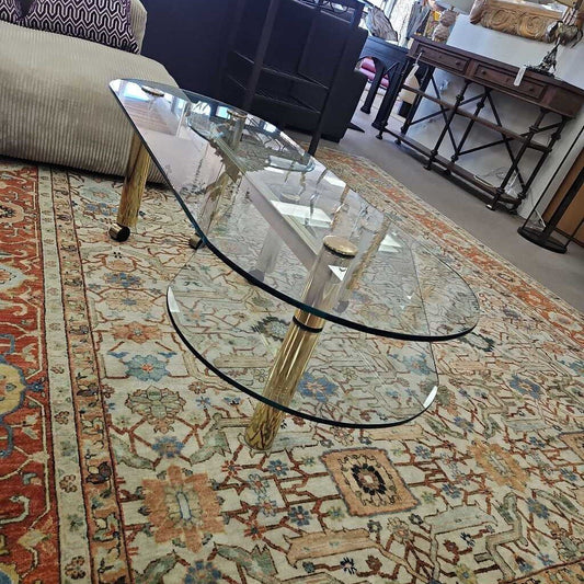 Postmodern 1970's Vintage Brass & Glass 2-Tier L Shape Coffee Table 50W 20D 18H
