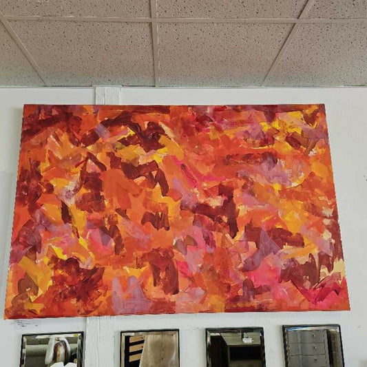 Oil on Canvas, Red, Orange and Yellow Abstract, Unsigned 65W x 43H