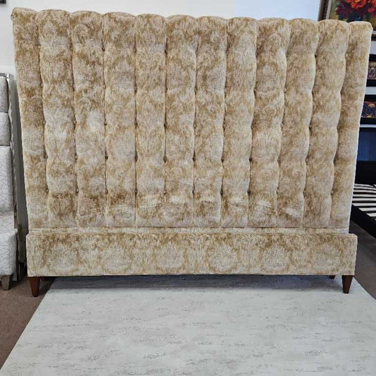 Pleated Damask Upholstered EK Bed Frame 84W 91L 68H