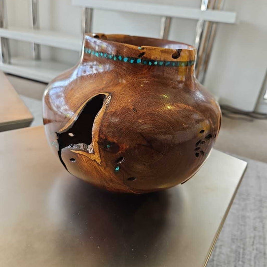 Sculpted Mesquite Wood Bowl w/Turquoise & Finely Crushed Black Marble 7Dia 6.75H