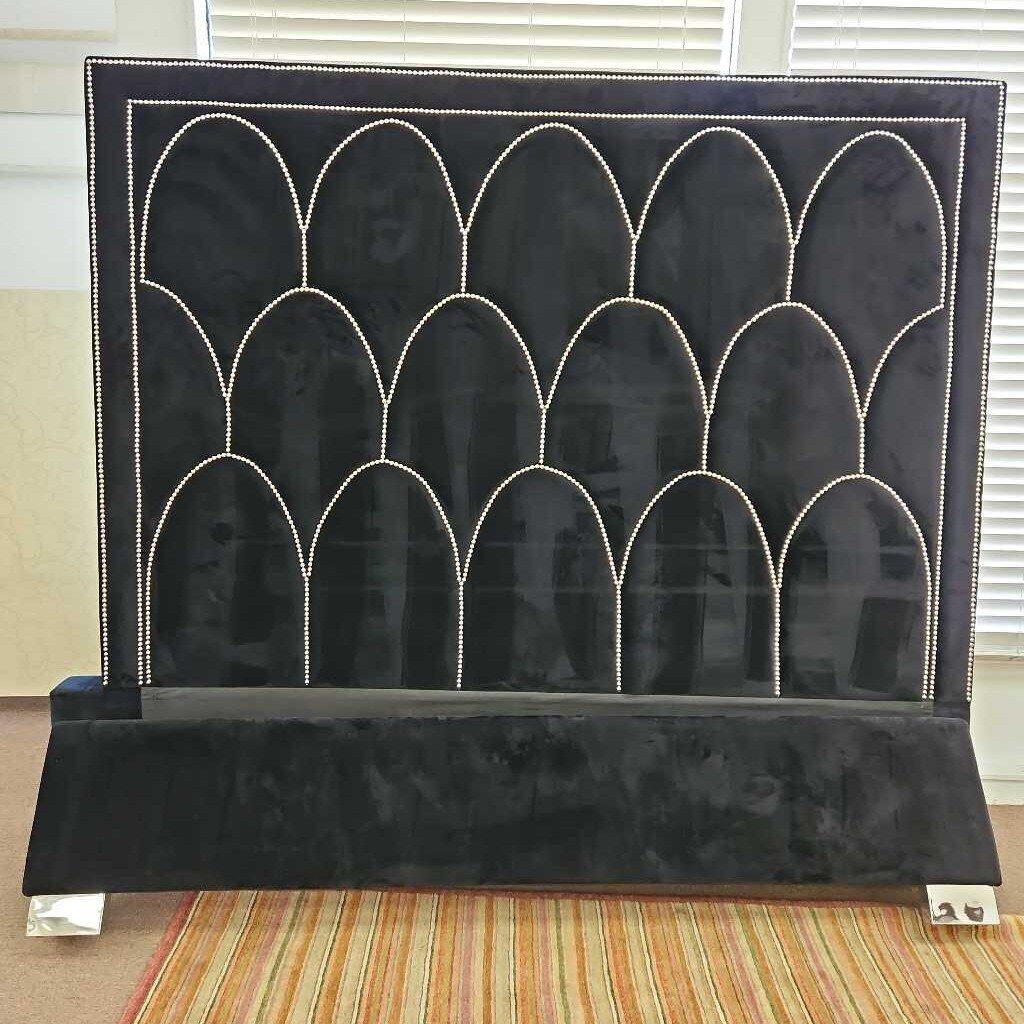 Black Velvet Bed Frame w/Silver Nail Heads 82.5W 93L 75H (CK)