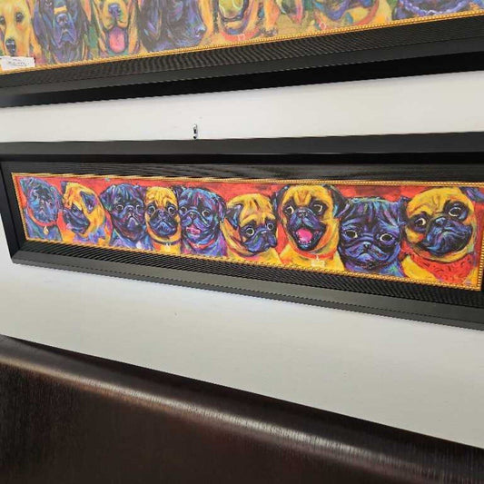 "Pug Brothers" Original Acrylic on Canvas in The Style of Tom Mosser 54.25W 14.75H