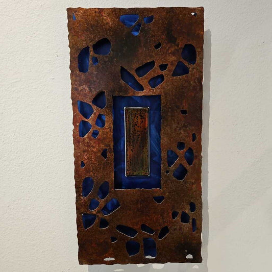 Flame Painted Copper & Resin Wall Art, Blue & Red Signed 2013 11 x 22H
