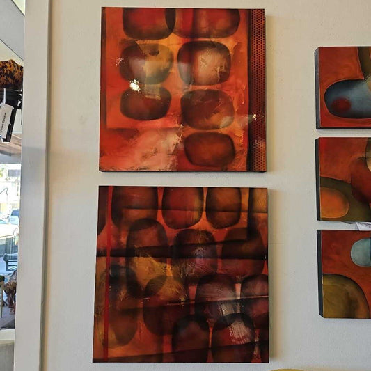 Signed Savage Vibrant Colors Diptych Drip Acrylic on Board 24"Sq. (PAIR)