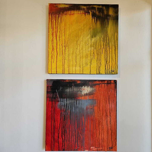 Shawn Savage Diptych Lacquered Vibrant Color Abstracts on Board, Signed on Reverse (PAIR) 24"Sq