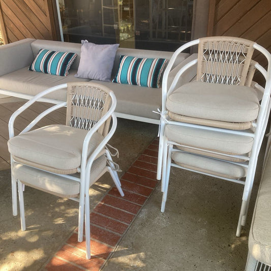 CB2 Rex Open Weave Outdoor Armchairs, White Frame, Beige Rope Seating - PAIR