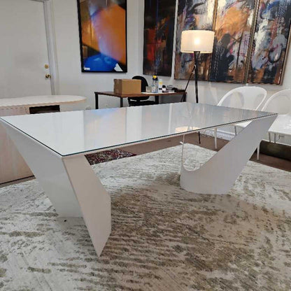 Roche Bobois Esstisch "Surprise" White Dining Table, Metal Base, Glass Cover 75 x 39.25 x 29.5H