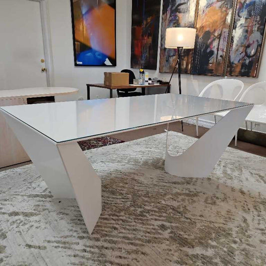 Roche Bobois Esstisch "Surprise" White Dining Table, Metal Base, Glass Cover 75 x 39.25 x 29.5H