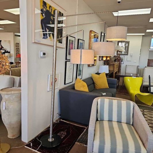 Adesso Wellington Arc Lamp, Brushed Steel w/Charcoal Gray Drum Shade 92H