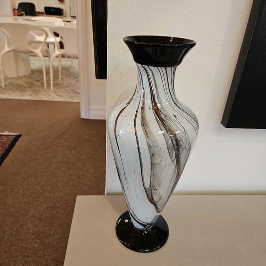 LaChausse Hand Blown Art Glass Vase, Marbled Blk,Grey,Brn Swirls, Blk Rim & Base 7Dia 18.75H
