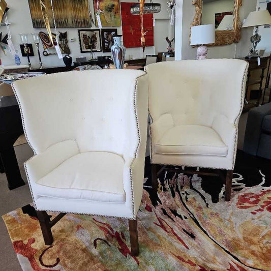 White Upholstered Wingback Chairs 30.5W 31D 44.5H - PAIR