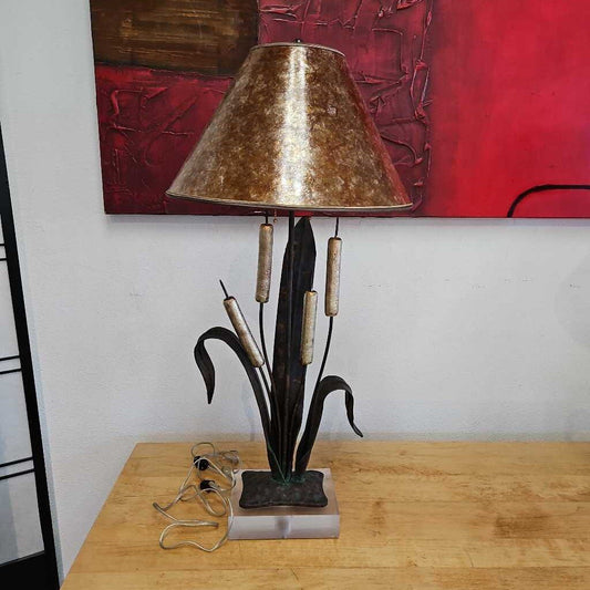 1982 Chapman Brutalist Table Lamps, Catails, Iron & Bronze, Lucite Base 36H - PAIR