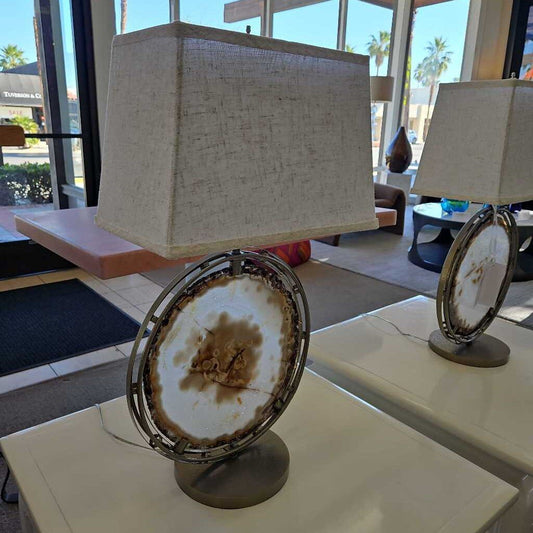 Brazillian Agate Slice Suspended w/Metal Frame Table Lamps (PAIR)