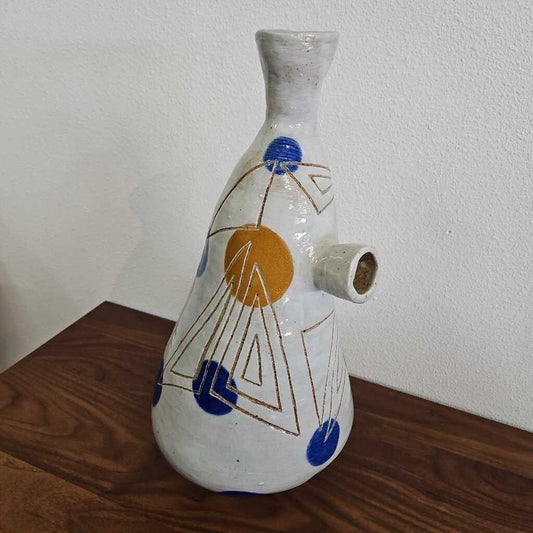Ceramic Vase w/Geometric Patterns, Colored Dots, Spout-Like Protrusion 18"H