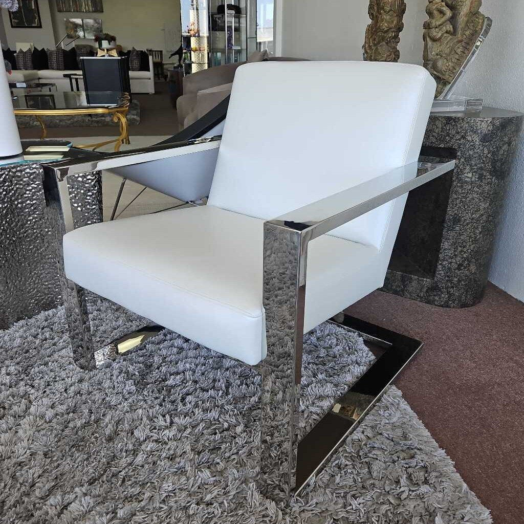 Arhaus Sabina White Leather Chair, Polished Stainless Steel 30W 31D 33H