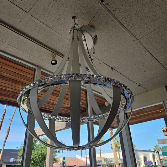 Schonbek Lighting, Crystal Empire LED Pendant, White Leather 33"Dia x 44"H