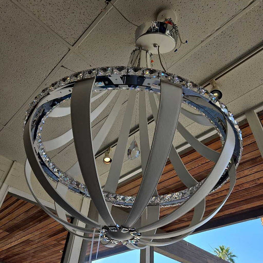 Schonbek Lighting, Crystal Empire LED Pendant, White Leather 33"Dia x 44"H