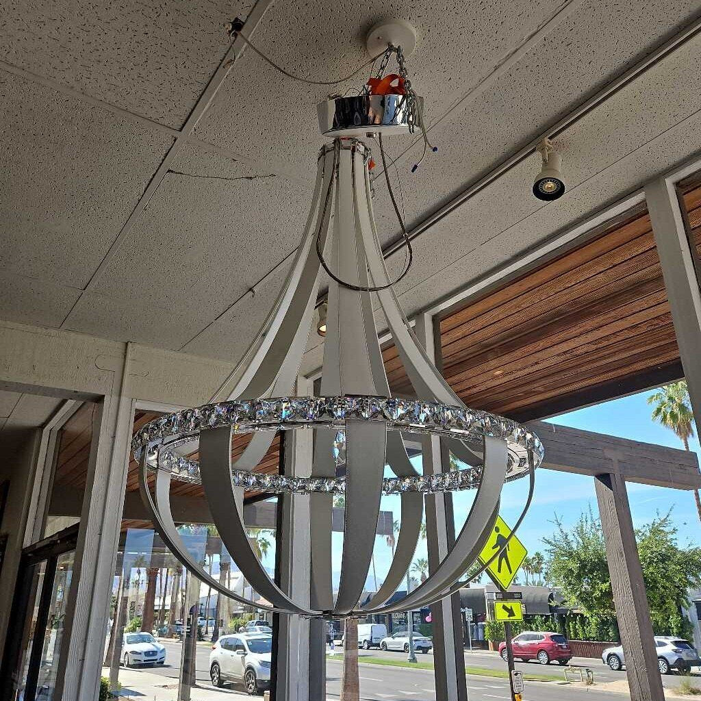 Schonbek Lighting, Crystal Empire LED Pendant, White Leather 33"Dia x 44"H