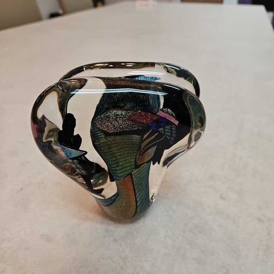Abstract Dichroic Art Glass Paperweight, Signed Bruce Freund 5 x 3 x 5.25H