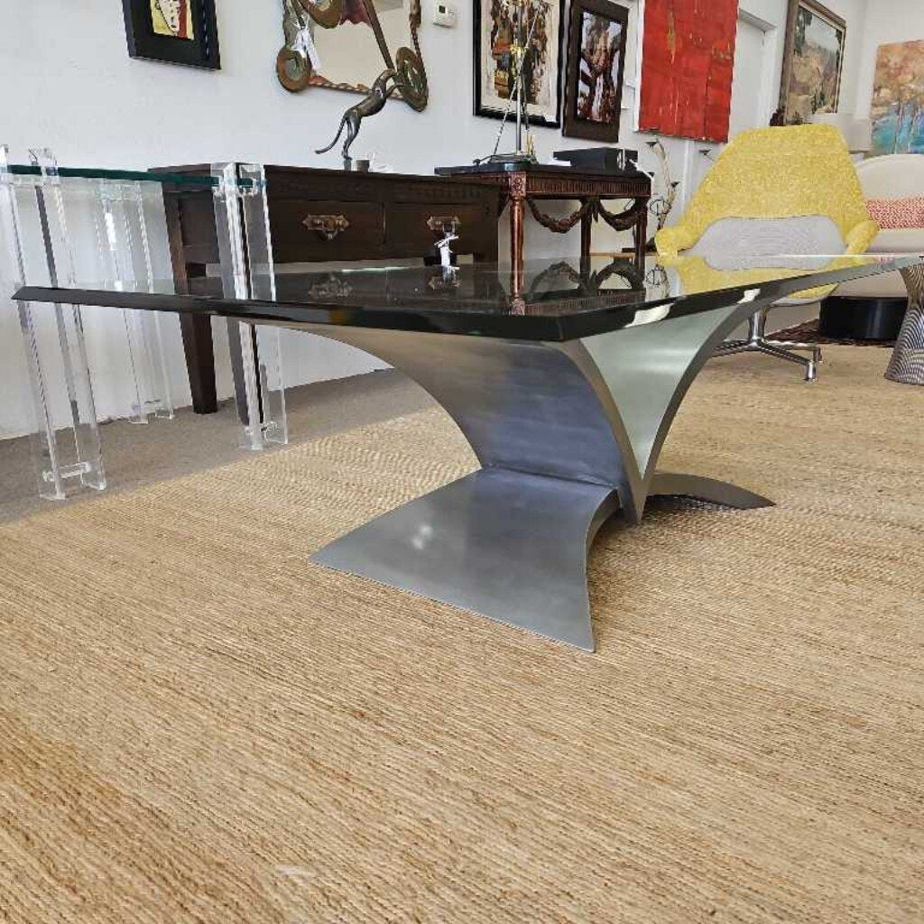 In The Style of Resign Institute of A.W, Coffee Table, Stainless Steel, Clear Glass Top w/Flat Polished Edge 60W x 35D x 20H