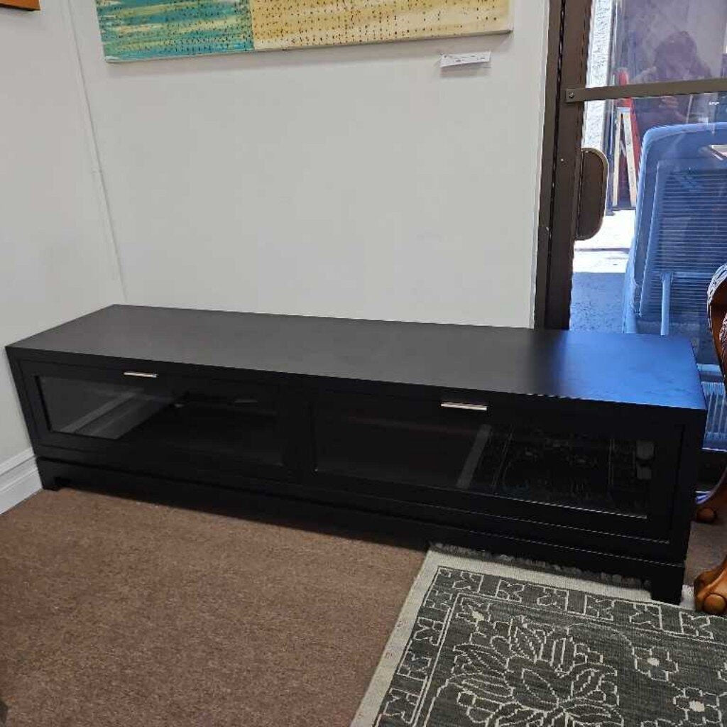 Modern Matte Black TV Console w/ 2-Glass Fronts, Low Profile 72W 18D 19H