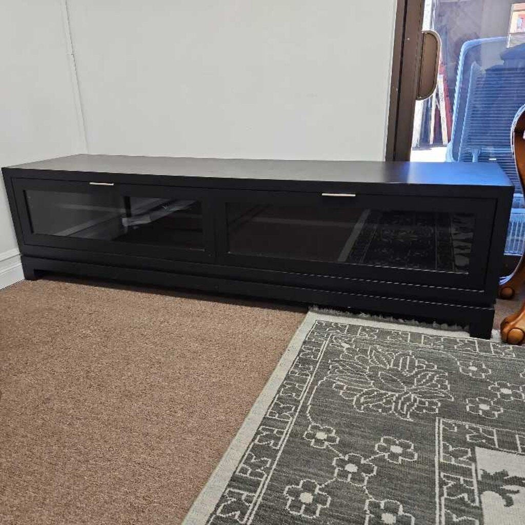 Modern Matte Black TV Console w/ 2-Glass Fronts, Low Profile 72W 18D 19H