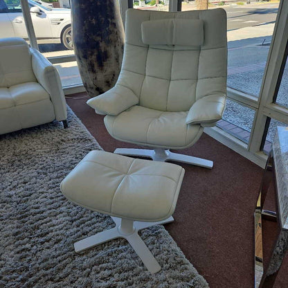 Natuzzi Re-Vive White Leather Swivel Lounge Chair w/Otto 35W 32D 43H