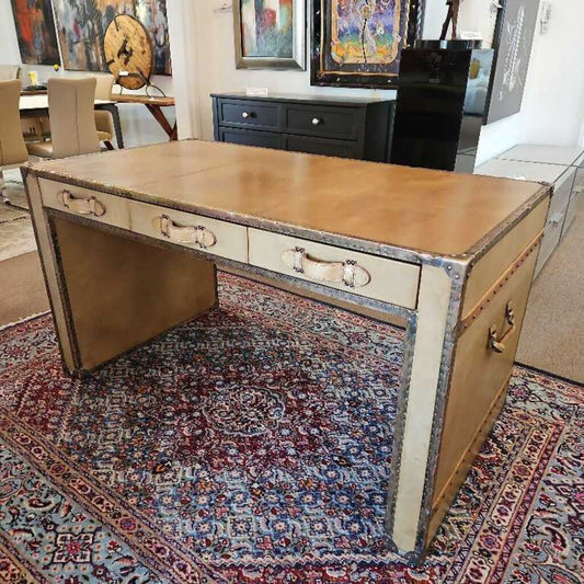 Vintage Campaign Full Leather Desk w/3 Drawers Made By Esquire 58.25W 31D 31.5H
