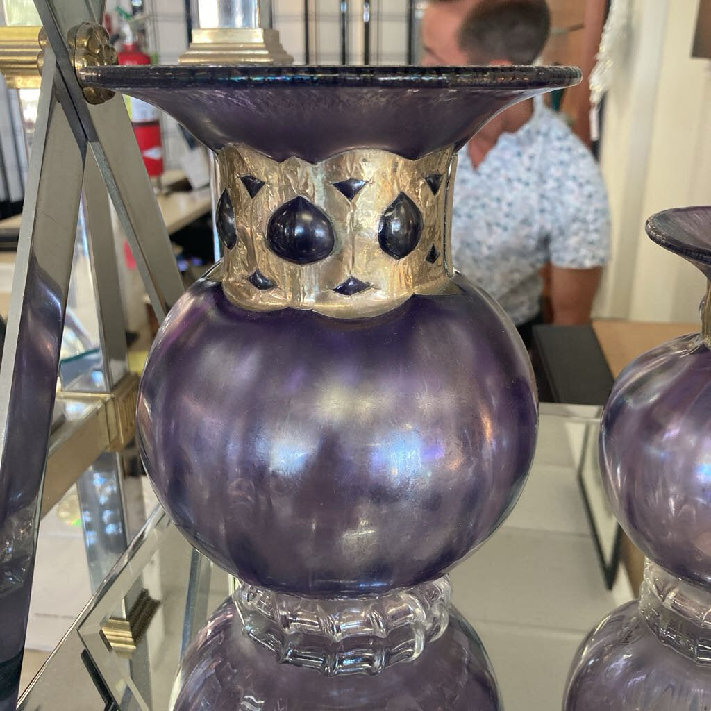 Iridescent Silvestri Mouth-Blown Glass Vase, Amethyst & Gold 5.75"Dia x 7.25"H