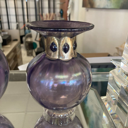 Iridescent Silvestri Mouth-Blown Glass Vase, Amethyst & Gold 3.5"Dia x 5.5"H