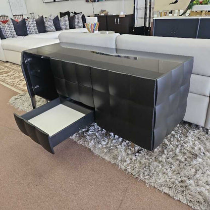Venice Glass Top Sideboard by Gino Carollo for Tonin Casa, Matte Black/Chrome Metal 63W 21.5D 29.5H