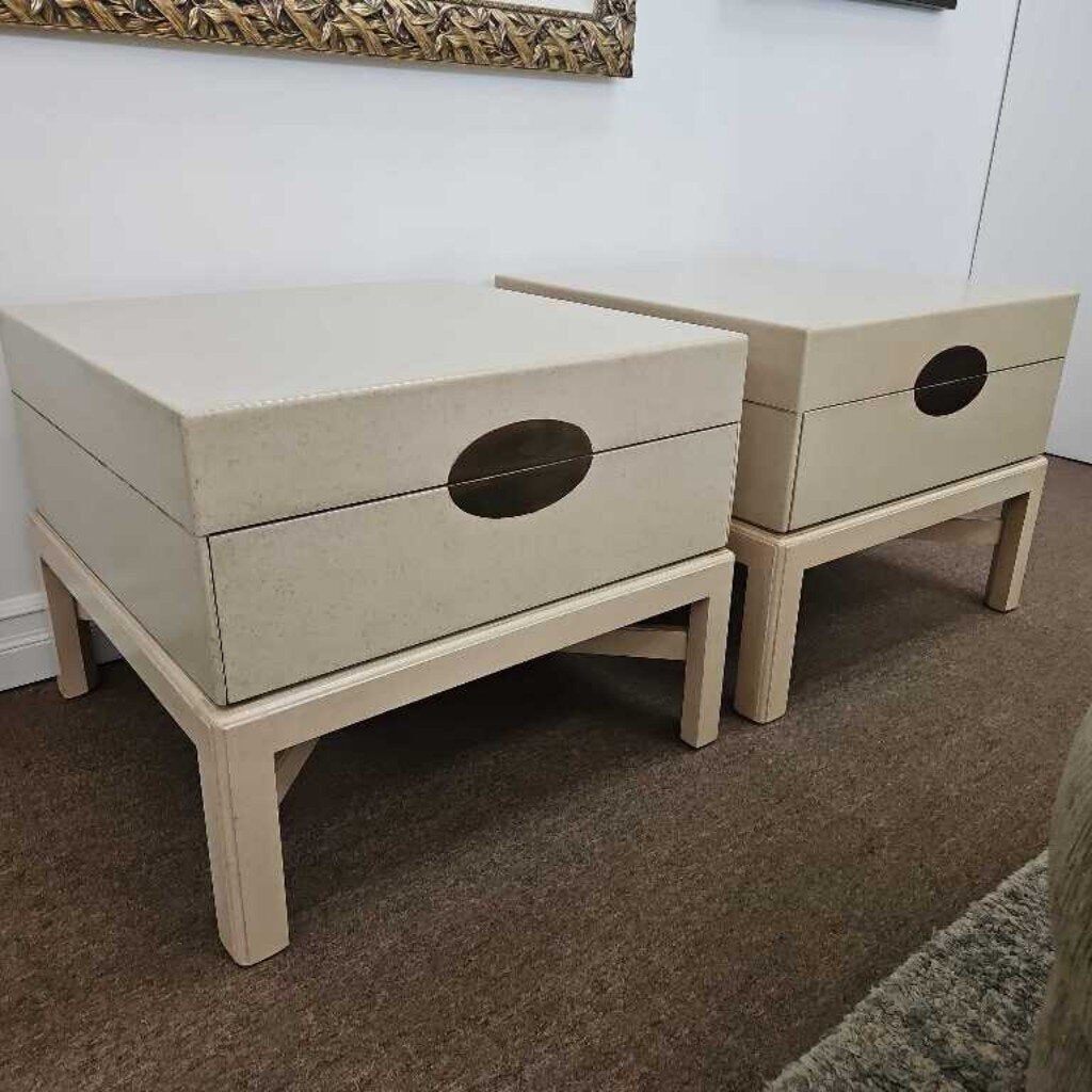 Marge Carson Craquelure Linen, Lacquered End Tables, Circular Brass Handle 28W X 28D X 22.5H - PAIR