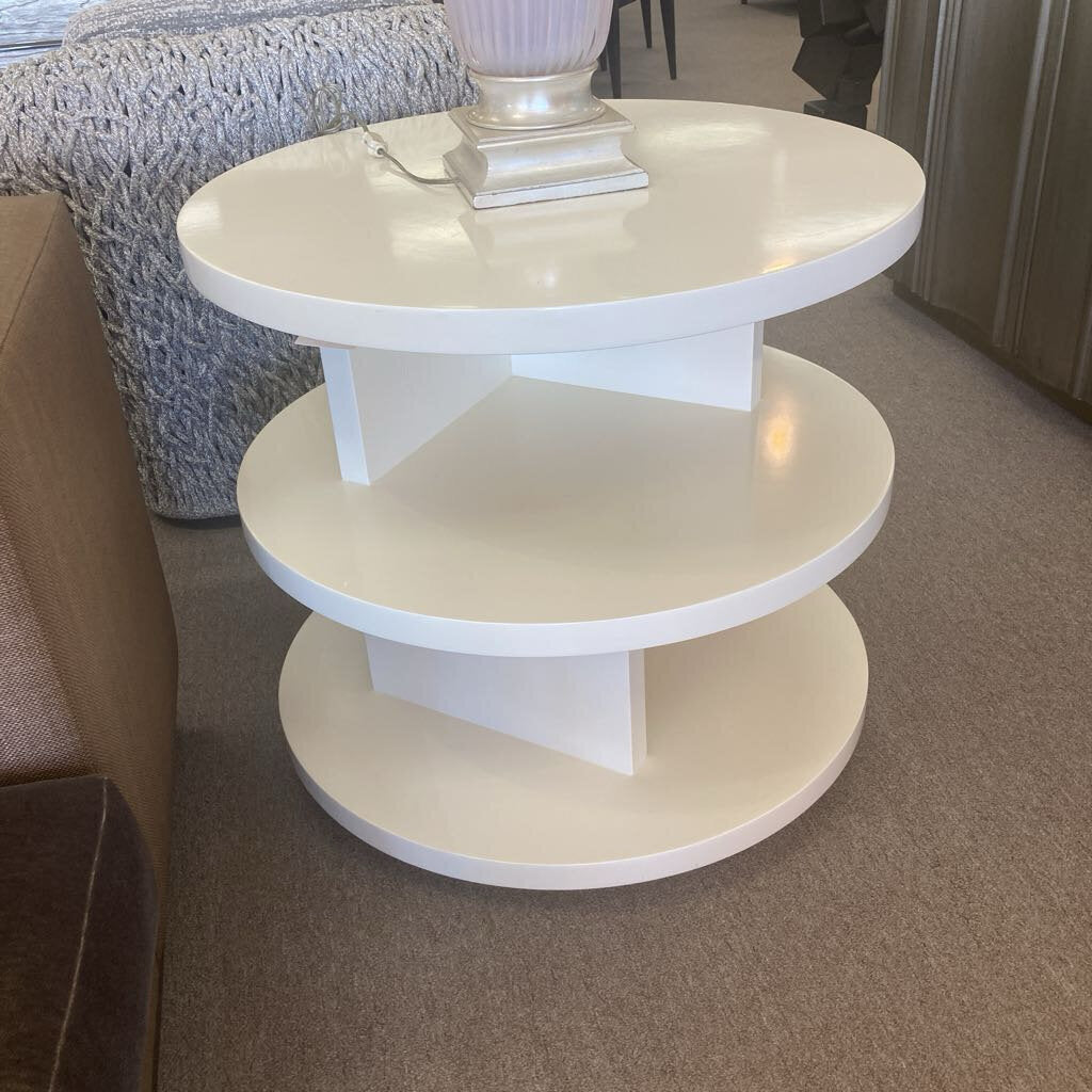 Three-Tiered White Round Accent Table 30Dia 27.75H
