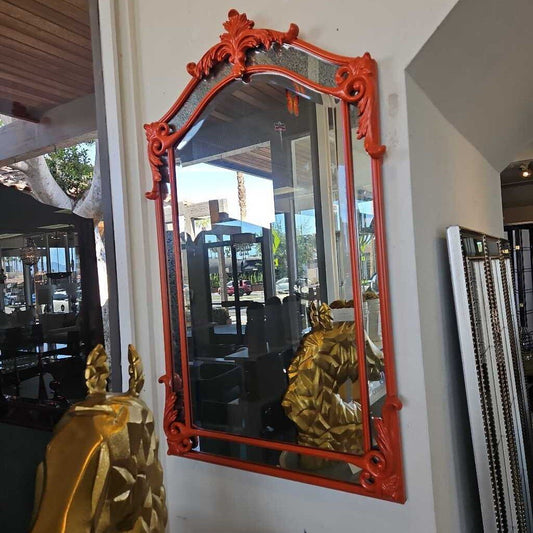 Glossy Bright Orange Imperial Wall Mirror, Scrolled Frame 29.5 x 48.25