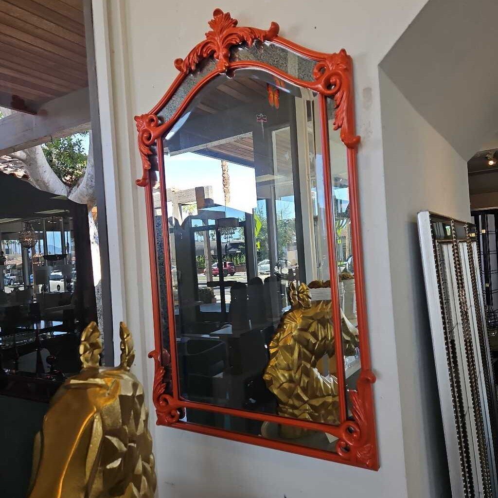 Glossy Bright Orange Imperial Wall Mirror, Scrolled Frame 29.5 x 48.25 (2 available)