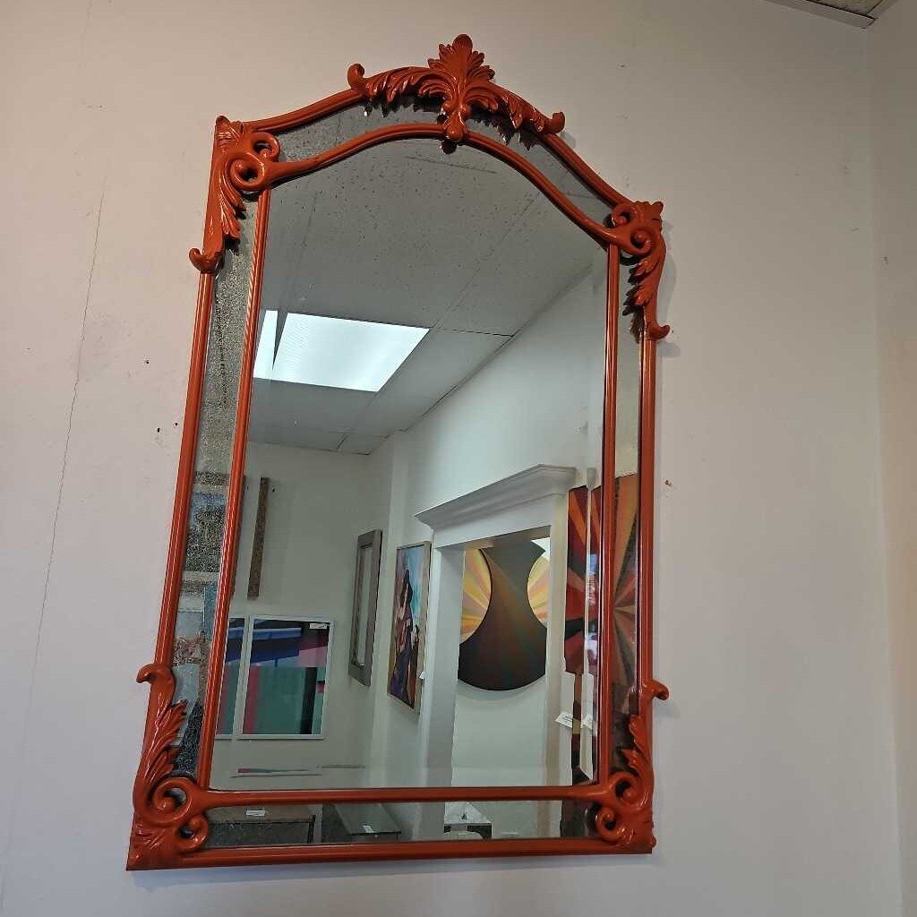 Glossy Bright Orange Imperial Wall Mirror, Scrolled Frame 29.5 x 48.25