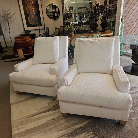 Lee Industries White Upholstered Lounge Chairs 34W 43D 38H - PAIR