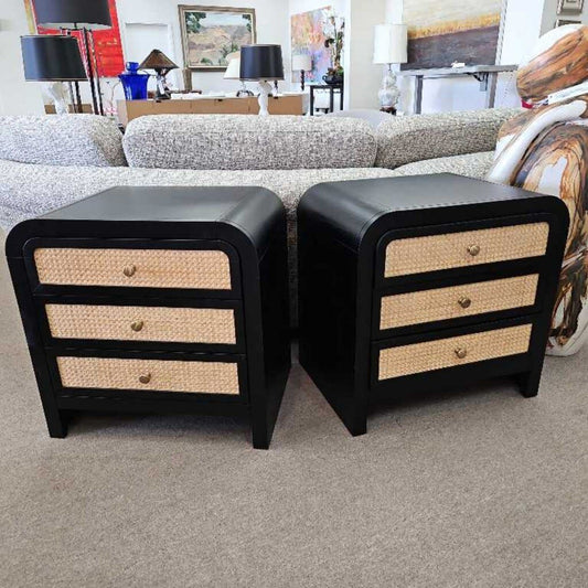Siena Nightstands by Meridan Furn. Black Wood, Cane Drawer 26W 19D 26H - PAIR