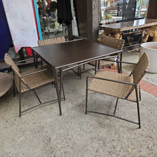 Brown Jordan Cross Strap Weave, Metal Arm Chairs & Metal Square Table 44Sq 29H - SET 4 Chairs & Table
