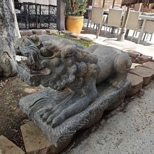 Hand Carved Limestone or Marble Chinese Imperial Guardian Lion Statues 45W 17.5D 24.5H - PAIR