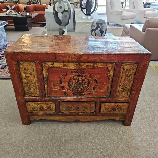 Antique Chinese or Tibetan Hand Ptd. Storage Trunk 42 x 18.75 x 30