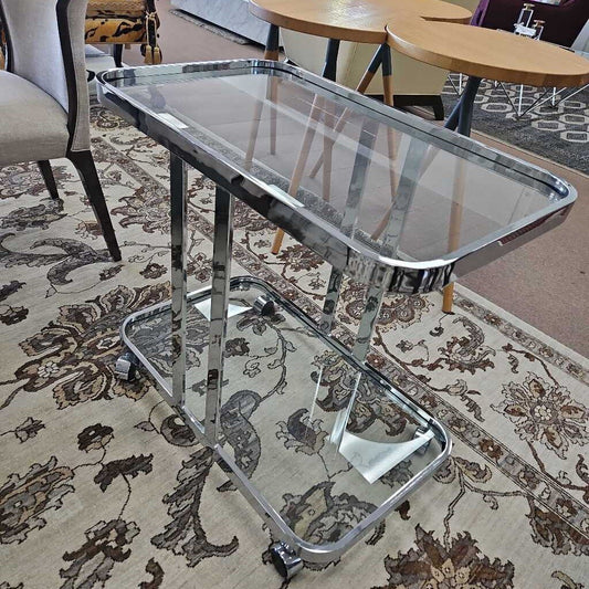 In the Style of 1970's Chrome & Glass Bar Cart, Attributed to Designer Milo Baughman 30W 18D 27.75H