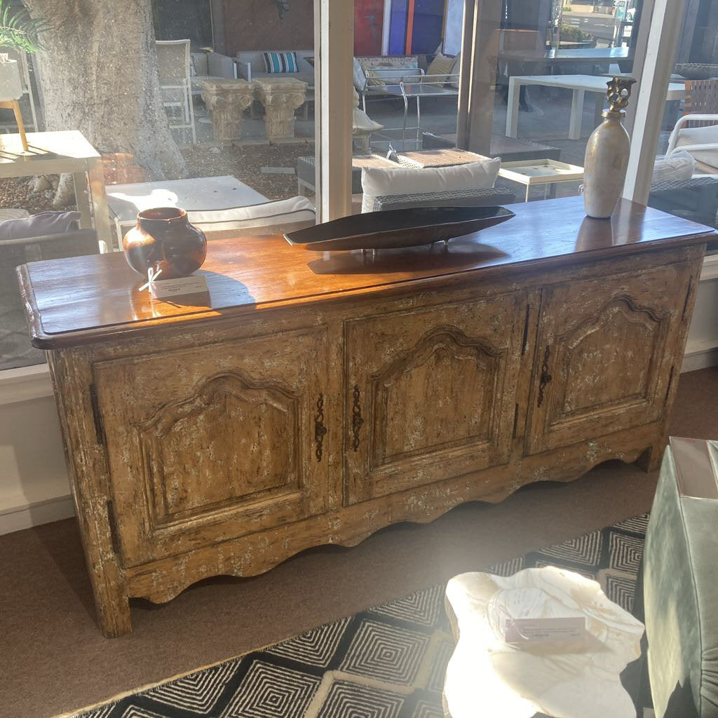 Distressed Oak Finish Carved Sideboard, Walnut Top 76W 19.5D 33.5H