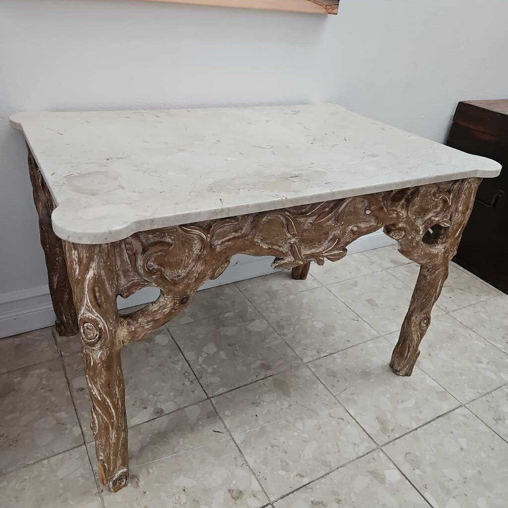 White Marble Top, Hand Craved Base Rectangle End Table 37W 25.25D 24.25H