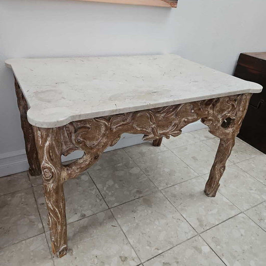 White Marble Top, Hand Craved Base Rectangle End Table 37W 25.25D 24.25H