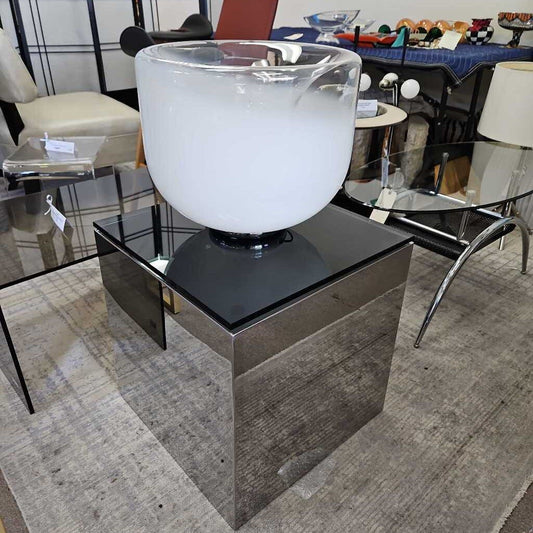 Italian Handblown Lamp Opal White Inverted Glass Shade, Presented on Chrome & Black Glass Pedestal 19.5Sq 34.25H