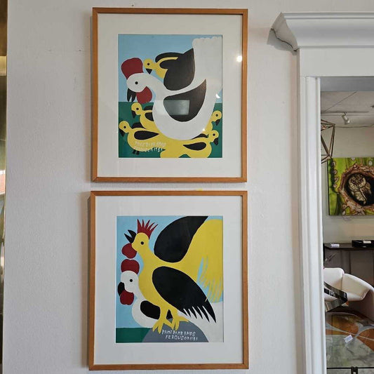 Signed & Dated Center Front, Amos Ferguson "Chicken w/5 Chicks"; "Two Chickens" (PAIR) 22 x 24.5