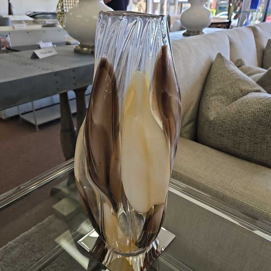 Brown & Cream Blown Glass Vase 17H