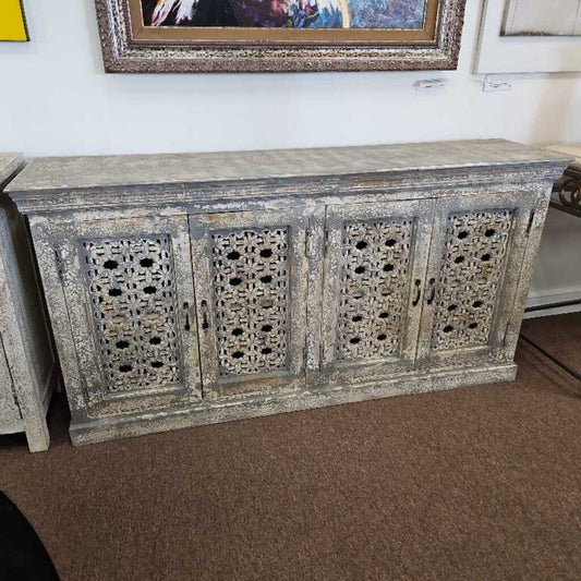 Distressed Wood Lattice Hand-Carved Sideboard 68.5 x 16 x 35.5