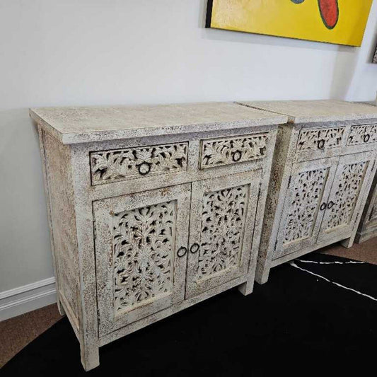 Distressed Wood Lattice Hand-Carved Cabinet 36 x 16 x 36 (2 available)